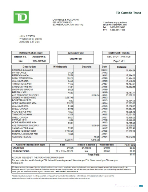 Download Canada TD Canada Trust bank statement excel Photoshop template